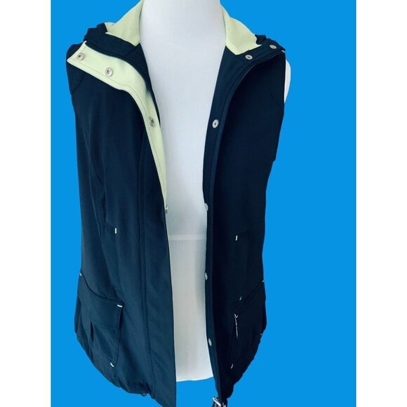 ZENERGY CHICO'S LADIES NAVY GREEN SLEEVELESS HOODED SNAP ZIP POCKETS VEST EUC S - Picture 3 of 9